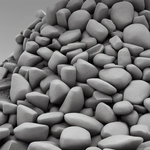 Prompt: sculpture made of piled stones, soda cans, minimal white room gallery, sunlit, photorealistic, 3 d rendering, higly detailed, minimalist, made with unreal engine, cgsociety, yves tanguy