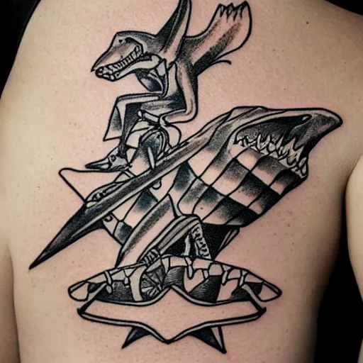 Image similar to flash tattoo of skeleton riding rocket in the shape of shark, black and white by sailor jerry, curt montgomery, bangbangnyc, ryan ashley, killkenny