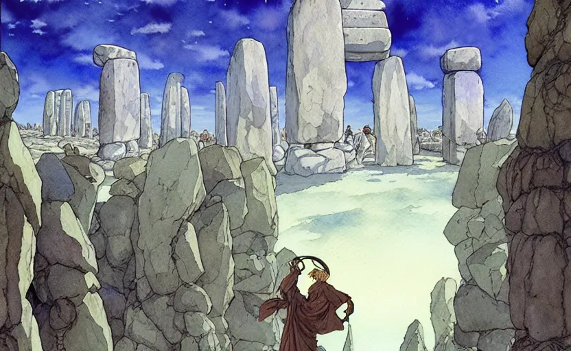 Image similar to a realistic anime watercolor fantasy concept art of a giant monk with a big forehead in grey robes dancing in stonehenge. several immense stones are floating in the air. by rebecca guay, michael kaluta, charles vess