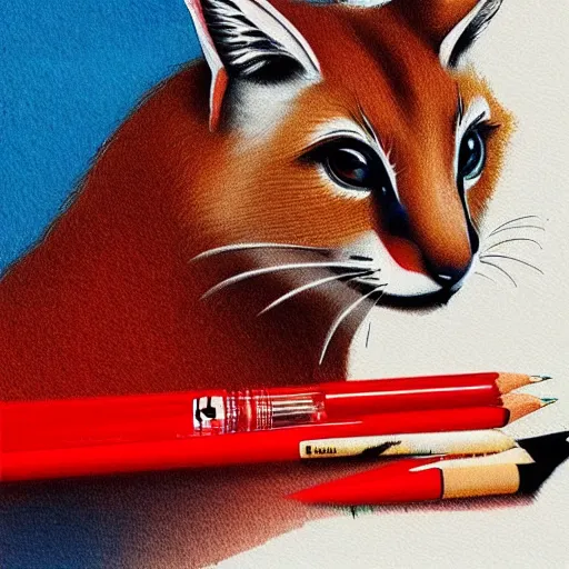 Image similar to cute caracal holding a red marker and pencil with paws, digital art by kuvshinov