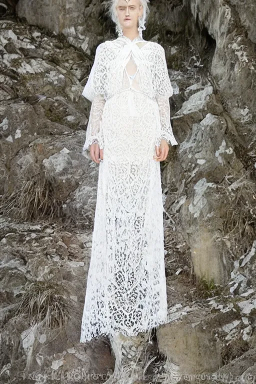 Image similar to antediluvian crystal atlantean hyperborean avant garde fashion lace dress with natural pattern motifs, young white - blonde model, sharp focus, outdoors, godray lighting