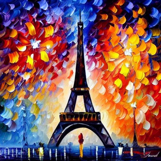 Image similar to Oil painting of Eiffel Tower with fireworks in the sky by Leonid Afremov