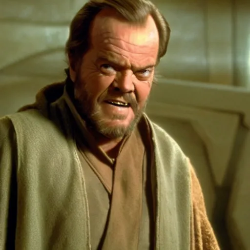 Image similar to jack nicholson as obi wan kenobi in star wars episode 3, 8k resolution, full HD, cinematic lighting, award winning, anatomically correct