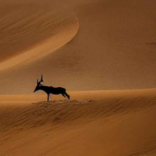 Image similar to golden oryx walks in the desert against the backdrop of a large sand dune, dawn,