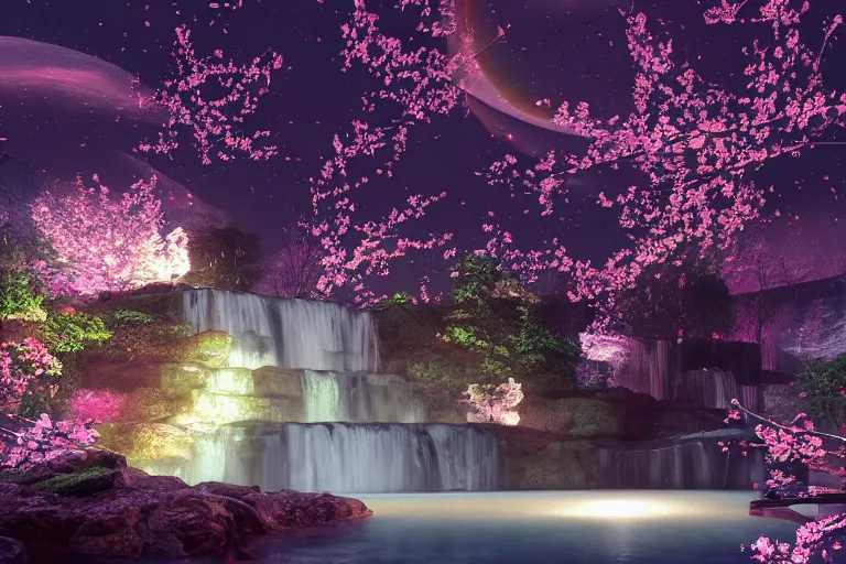 Prompt: Isometric bio-luminescent waterfall, cherry-blossom-tree, night-time, moon, fireflies, atmospheric, magical atmosphere, octane render, artstation, HD, 8K