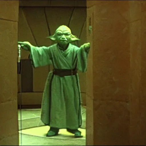 Image similar to master yoda using the urinal in the bathroom of the death star, movie scene from star wars 1 9 9 9