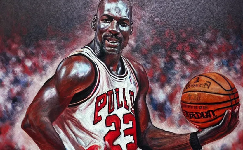 Image similar to beautiful portrait of Michael Jordan at a basketball stadium, NBA Finals, oil painting of Michael Jordan, masterpiece, highly detailed and ultra realistic, trending on artstation; portrait of Michael Jordan