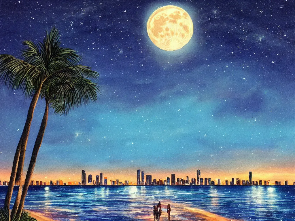 Image similar to night on a summer miami beach, city on the background, palm trees, footprints in the sand, full moon reflected in the calm ocean, starry sky 8 k, ultra detailed, trending on artstation, digital painting