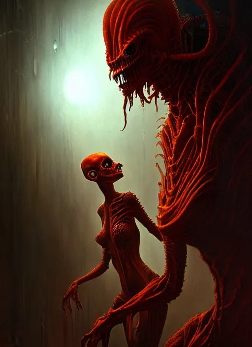 Image similar to ultra realist horror painting of a dimly lit attractive alien female and hellish creature together, very intricate details, focus, curvy, full frame image, artstyle hiraku tanaka and craig mullins, award winning