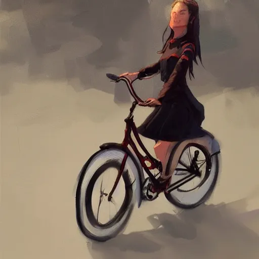 Prompt: Expressive painting of girl riding a bicycle, digital art by Krenz Cushart, trending on artstation