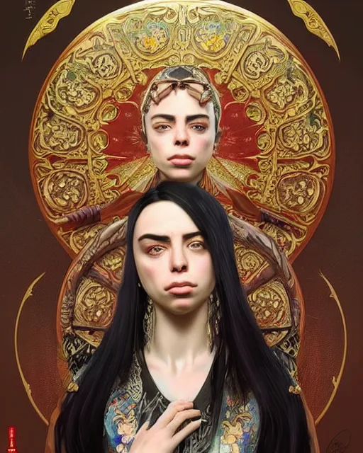 Image similar to portrait of a turkish masculine female billie eilish cyberpunk machine, machine face, full body portrait, decorated with ottoman opera motifs, muscular, asian, fine china, wuxia, traditional chinese art, intricate intense elegant, highly detailed symmetry headpiece digital painting artstation concept art smooth sharp focus illustration, art by artgerm and greg rutkowski alphonse mucha 8 k