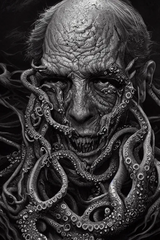 Prompt: realistic portrait of beautifully crystalized and detailed portrait of a zombie old man, tentacles, matte painting of cinematic movie scene red dragon, horror, created by gustave dore and greg rutkowski, high detailed, smooth draw, synthwave neon retro, intricate, realistic proportions, dramatic lighting, trending on artstation.