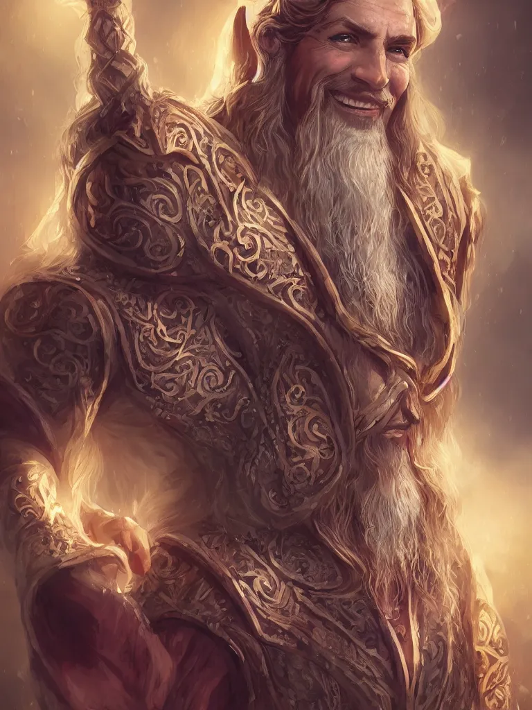 Image similar to picture of one glorious traditional Atlantean wizard, smiling, traditional clothes, cinematic, high quality, cgsociety, artgerm, 4K, UHD, trending on ArtStation