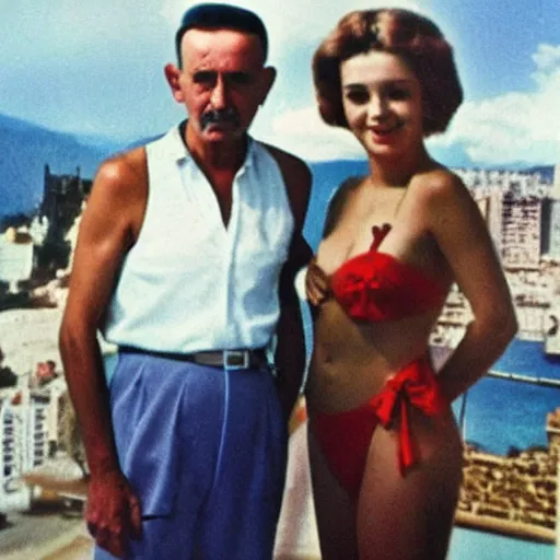 Image similar to francisco franco spending the summer with rosalia in benidorm.