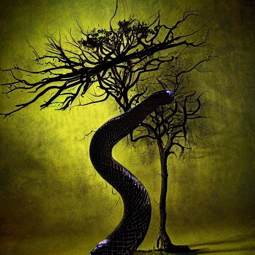 Prompt: tranquil, lines by emek golan macro photo. a art installation of a large, looming creature with a long, snake body. many large, sharp teeth, & eyes glow. wrapped around a large tree, bent under the weight. small figure in foreground, a sword, dwarfed by the size of the creature.