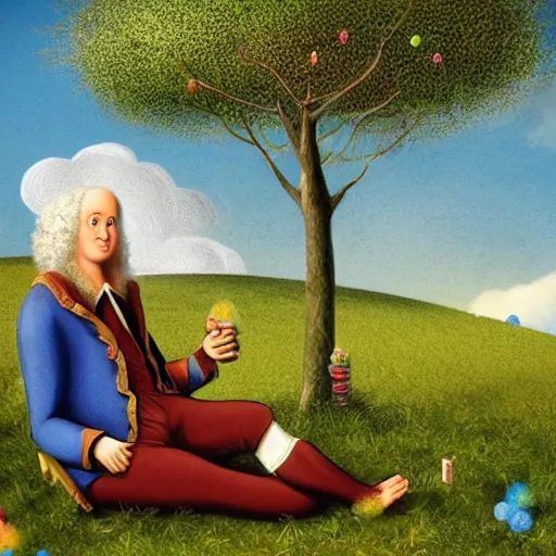 Prompt: Isaac Newton sitting on a grassy hill in a field underneath a tree, glitter fruit hitting his head and splashing all over his body, trending on artstation, digital art