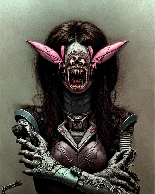 Image similar to d. va from overwatch, character portrait, portrait, close up, concept art, intricate details, highly detailed, horror poster, horror, vintage horror art, realistic, terrifying, in the style of michael whelan, beksinski, and gustave dore