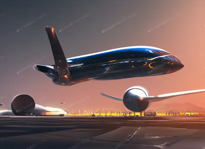 Image similar to immense futuristic jet plane arrives at runway of cyberpunk airport at night ,cinematic lighting, concept art