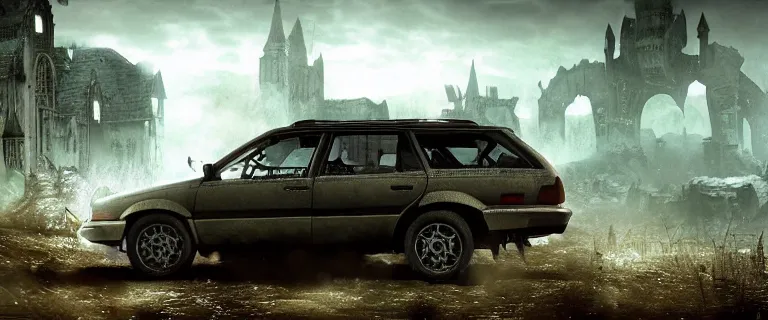 Image similar to Armored and Armed Audi 80 B3 Avant (1988) with a mounted M249 with soldiers on, Dark Souls 3, Eldritch Horrors, Wretched and Corrupted Knights, Heavy Battle, Fight, Car vs Knight, gunshots fired, a grim fantasy, Anor Londo, dramatic lighting, cinematic, establishing shot, extremely high detail, photorealistic, cinematic lighting, artstation, by simon stalenhag