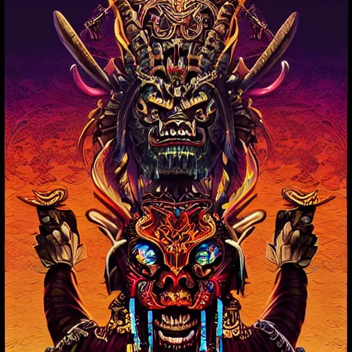 Image similar to barong family ancient sword with jewels, wiwek, mara demon, one single tribe member, jungle, one single mask, dark, ancient warrior, tribal, inner glow, art by dan mumford and justin gerard