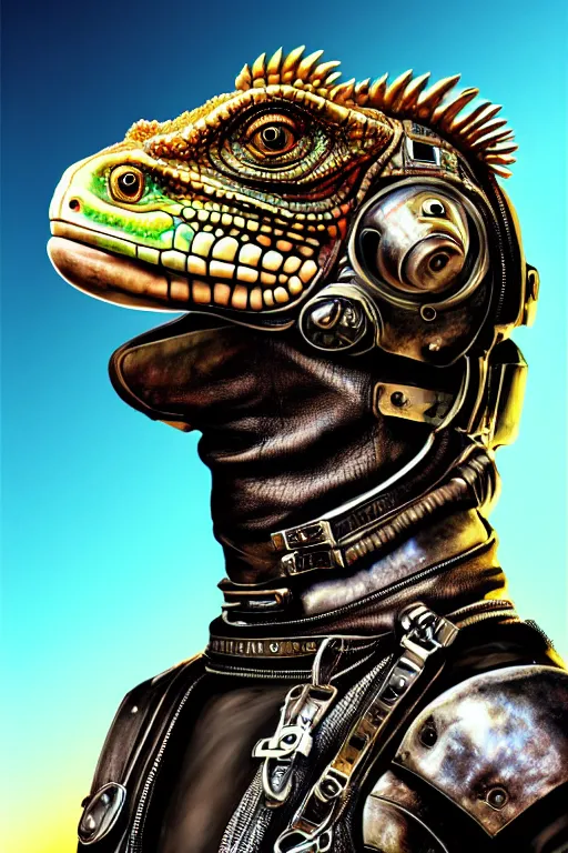 Image similar to a portrait of a muscular anthropomorphic cyberpunk iguana! in leather spacesuit armor with a large head by sandra chevrier, by jon foster, detailed render, pistol in holster, tape deck, epic composition, cybernetics, 4 k realistic, cryengine, realistic shaded lighting, sharp focus, masterpiece, by enki bilal