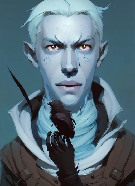 Image similar to ( ( ( ( ( portrait of male drow from dungeons and dragons surrounded by crows. ) ) ) ) ) by atey ghailan, by greg rutkowski, by greg tocchini, by james gilleard, by joe fenton, by kaethe butcher, dynamic lighting, gradient light blue, brown, blonde cream and white color scheme, grunge aesthetic