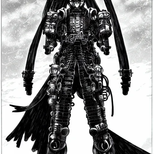 Prompt: a vertical portrait of a manga character in a scenic environment by nihei tsutomu, black and white, dreamy, steampunk armor, highly detailed