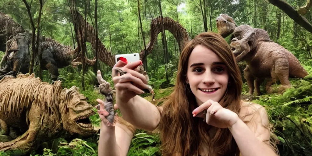 Image similar to photo, hairy fat cave people, emma!! watson!!, looking at camera, surrounded by dinosaurs!, gigantic forest trees, sitting on rocks, bright moon, birthday cake on the ground, front close - up view of her face, selfie, jelly monster