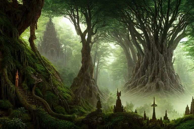 Image similar to a beautiful and highly detailed matte painting of a sacred elven tree temple in a valley in a lush forest in the misty mountains, psychedelic, celtic, intricate details, epic scale, insanely complex, 8 k, sharp focus, photorealism, artstation, cgsociety, by caspar friedrich, albert bierstadt, james gurney, brian froud,