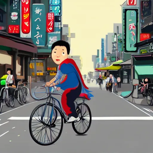 Image similar to a digital painting of a real dragon is riding a bike in the streets of Tokyo