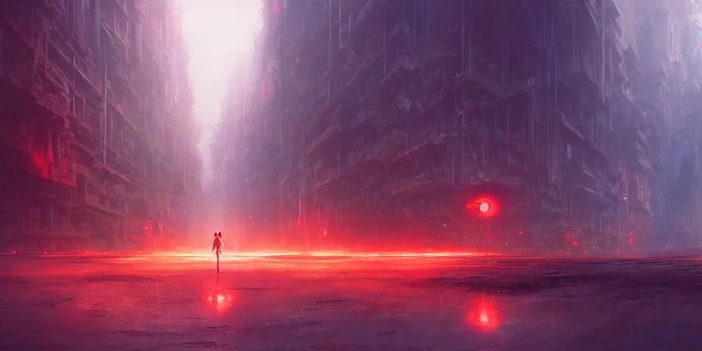 Image similar to a lost city with a loli in red standing in the middle of the road, 4 k resolution, ultra detailed, matte oil painting, mysterious, artstation, art by greg rutkowski