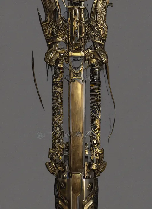 Image similar to hyper realistic glorious ancient katana sword in a obsidian metal armor, futuristic design, designed by makoto kobayashi and luca zampriolo, portrait, cyberpunk style, wood and gold details, intricate, extremely detailed, ornate, deep of field, hard surface, exoskeleton, substance designer metal unreal engine. amazing likeness. very detailed.