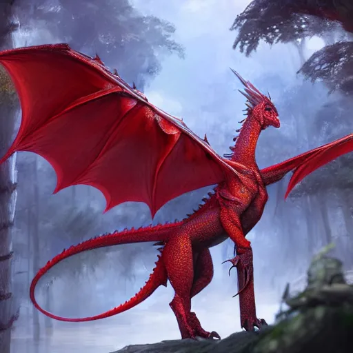 Image similar to red fire dragon in verdant forest, dnd character, background focus, high fantasy, magic, regal, realistic textured skin, gemstone textured scales, wings extended, spitting fire, huge eyes, clear clean, by lya kushinov, Avetetsuya Studios, Alexandra Fomina artstation, by Makoto Shinkai, Shinerai, matte painting