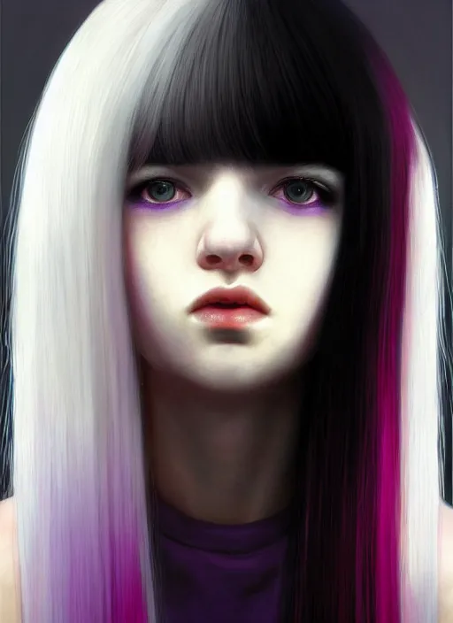 Image similar to hair whitebangs hair, black hair, blackbangswhitehair, portrait of teenage girl with white bangs, red irises, purple clothes, white bangs, bangs are different color from hair, intricate, elegant, glowing lights, highly detailed, digital painting, artstation, concept art, sharp focus, illustration, art by wlop, mars ravelo and greg rutkowski