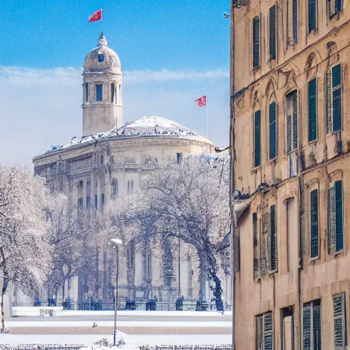 Prompt: Marseille landmarks covered in snow at midday, photo, professional photography.