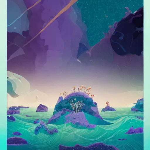 Image similar to sea under starry sky with reefs, collage, light purple tones, animated film, layers visible, stylised, illustration, fantasy art, 2 d game art, by eyvind earle, scott wills, genndy tartakovski, roman shipunov, etienne hebinger, atey ghailan, cgsociety, cynical realism