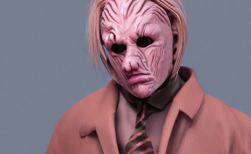 Image similar to a creepy slimy pink ocelot character, wearing a long beige trench coat, CGI, octane render, trending on artstation, 8K