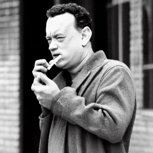 Image similar to an extremely high tom hanks smoking a blunt, award winning high quality photography