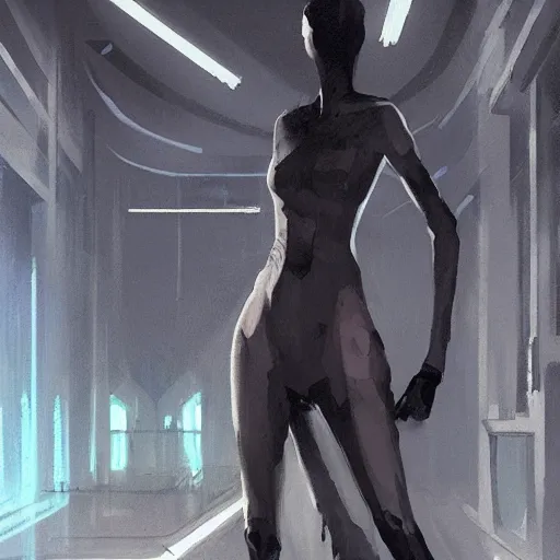 Image similar to concept art by greg rutkowski, a very tall, and slender woman with blond hair, talking with a very tall and slender mand with short black hair, brutalist futuristic interior, dark lighting atmosphere, detailed portraits, nostalgic atmosphere, scifi, digital painting, artstation, concept art, smooth, sharp foccus ilustration, artstation hq