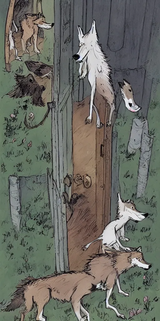 Prompt: wolves at the door by Quentin Blake