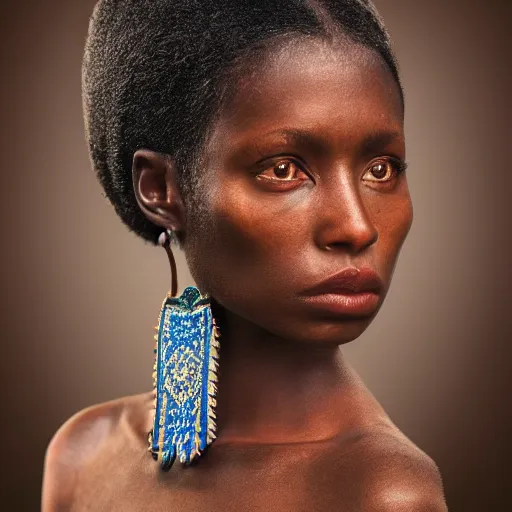 Image similar to vintage portrait of a stunningly beautiful west african tribal female, depth of field, zeiss lens, detailed, symmetrical, centered, fashion photoshoot, by edward s curtis, Annie Leibovitz and Steve McCurry, David Lazar, Jimmy Nelsson, Breathtaking, 8k resolution, extremely detailed, beautiful, establishing shot, artistic, hyperrealistic, beautiful face, octane render