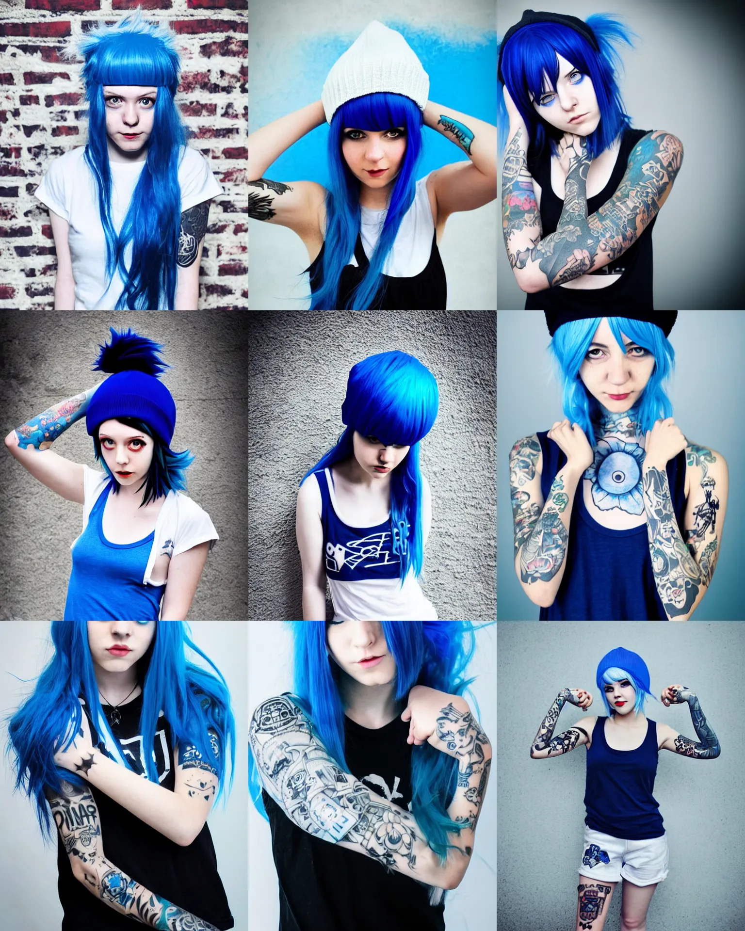 Prompt: beautiful blue haired girl cosplay , attractive teen , dark blue beanie , white top (white t-shirt) , partly! blue and brown hair , clean perfect symmetrical face , light tan , tattoo sleeve on her right arm , punk-rocker , white! tank top with a print , 4k , digital art , illustration , photorealistic , solo photoshoot , wallpaper , DSLR , live-action movie in the style of Jordan Grimmer and greg rutkowski