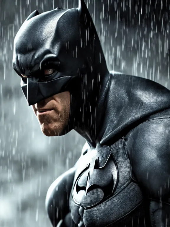 Image similar to film still, ryan reynolds as batman, maskless!!!, hyperrealism, moody lighting, rain, intricate, 8 k