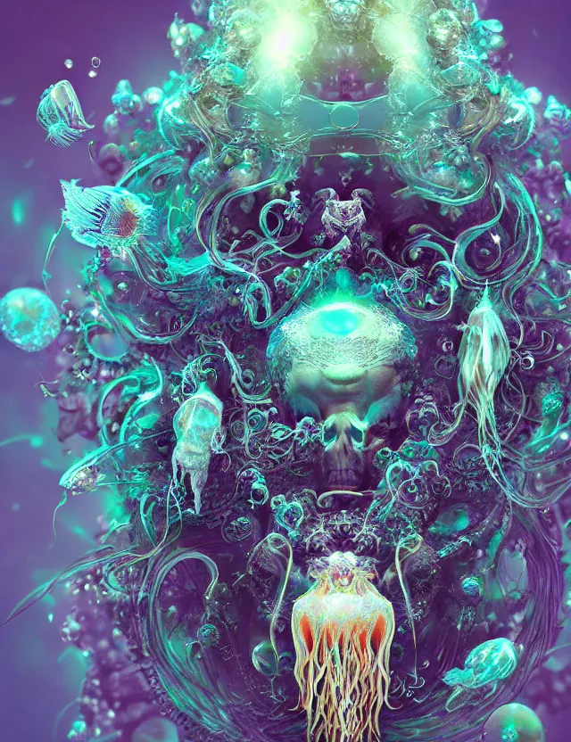 Image similar to goddess macro close - up portrait in crown made of ram skull. betta fish, jellyfish phoenix, bioluminiscent, plasma, ice, water, wind, creature, super intricate ornaments artwork by tooth wu and wlop and beeple and greg rutkowski