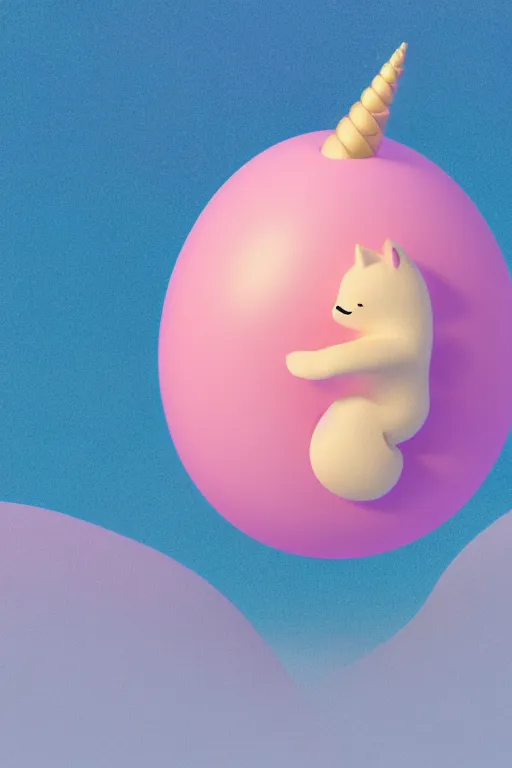 Image similar to geometric 3 d render, soft bright pastel, anthropomorphic egg riding unicorn in the middle, mountains surrounding, rule of thirds