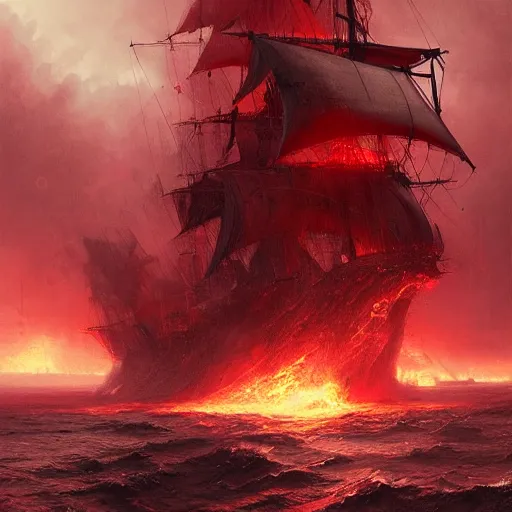 Prompt: pirate ship going to hell, warm temperature, red lightning, sea of lava, hyperdetailed, artstation, cgsociety, by greg rutkowski, by Gustave Dore