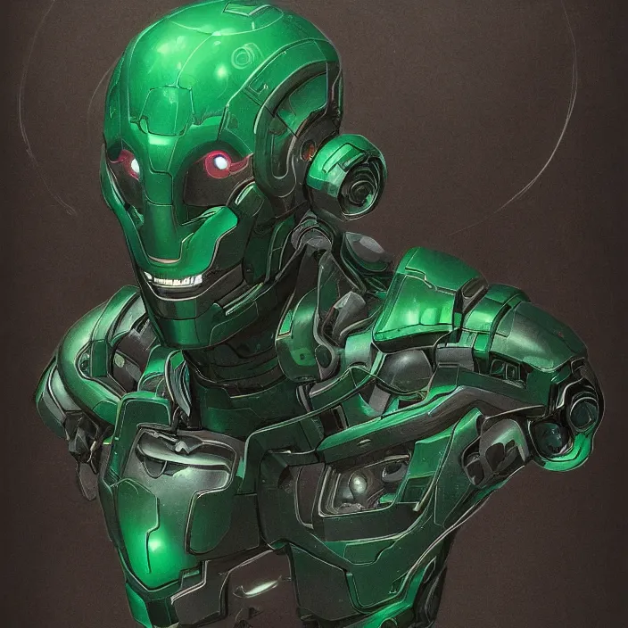 Image similar to a portrait of an emerald Ultron from Age of Ultron, clockwork dieselpunk, isometric art style, head and chest only, by Beksinski, 4k, deviantart, trending on artstation