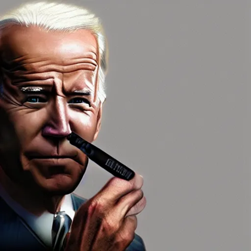 Prompt: joe biden smoking a vape pen in her right hand | smoke coming out of her mouth, artstation, 4 k