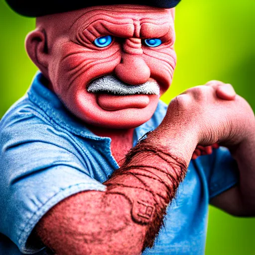 Prompt: photograph portrait of Popeye, intricate detail, sigma 85mm f/1.4, 4k, depth of field, high resolution, 4k, 8k, hd, full color