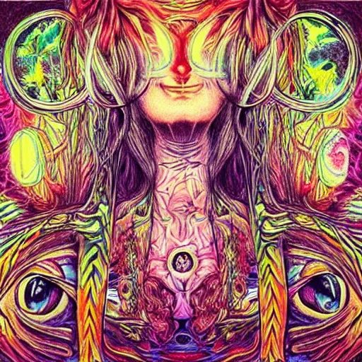 Image similar to “alice in wonderland tripping on LSD. in the style of Alex Grey.”